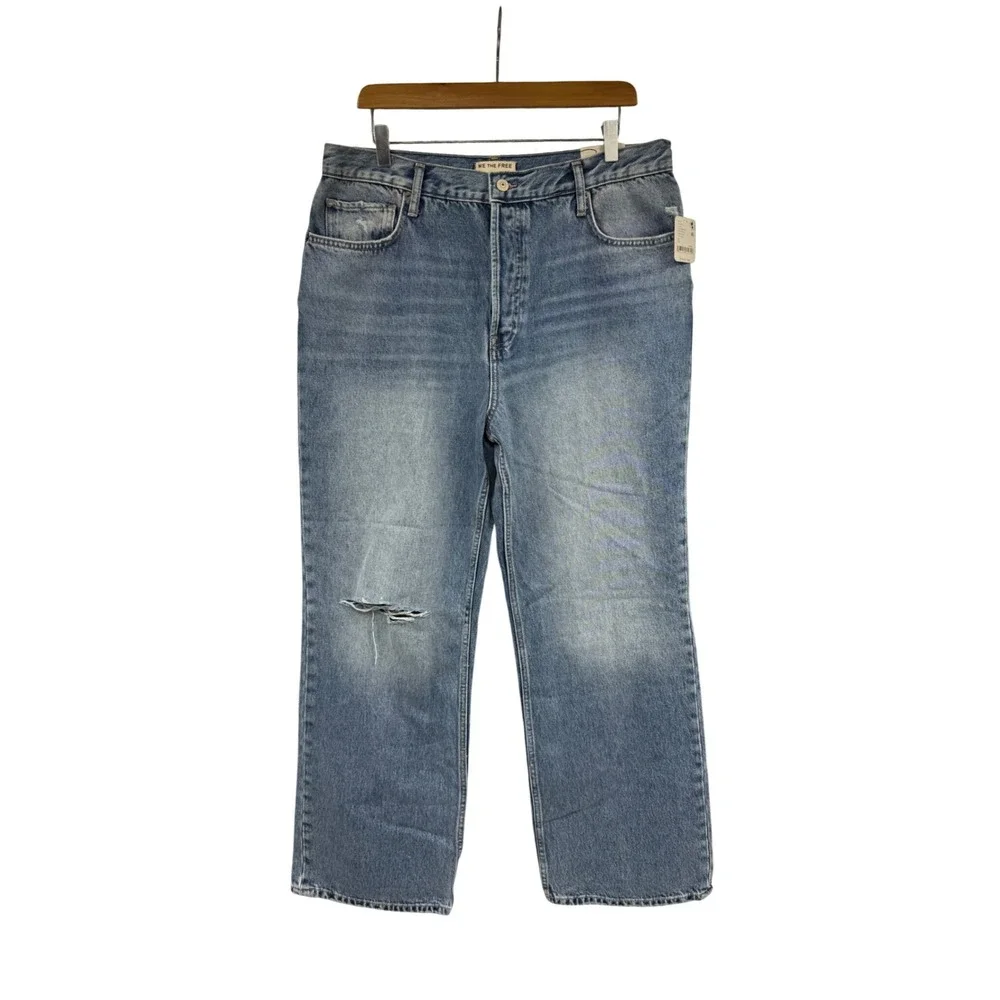 Free People We The Free Holly High Rise Bootcut Jeans Distressed Blue 33 NEW